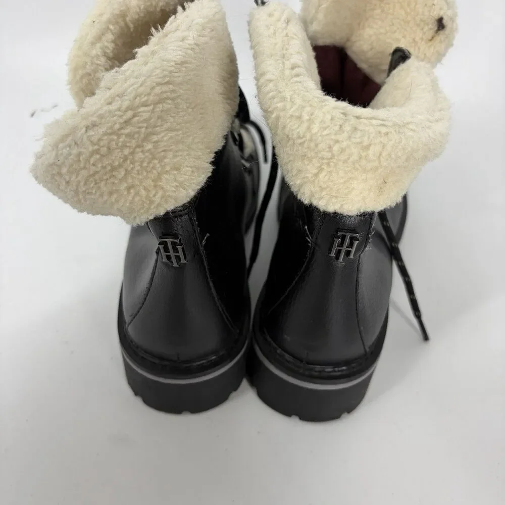 Tommy Hilfiger Boots Size 8 Womens Black Faux Leather Sherpa Lined Lace Up Ron
